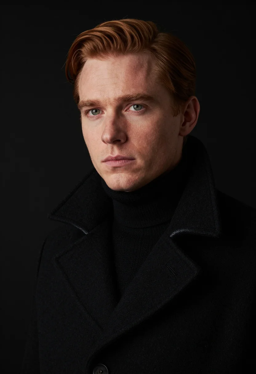 AI black overcoat headshot sample — portrait of a man, tight headshot portrait of a Western-Euro
