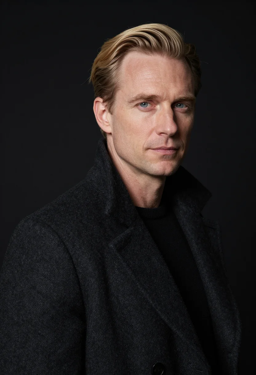 AI black overcoat headshot sample — portrait of a man, close headshot portrait of a Northern-Eur