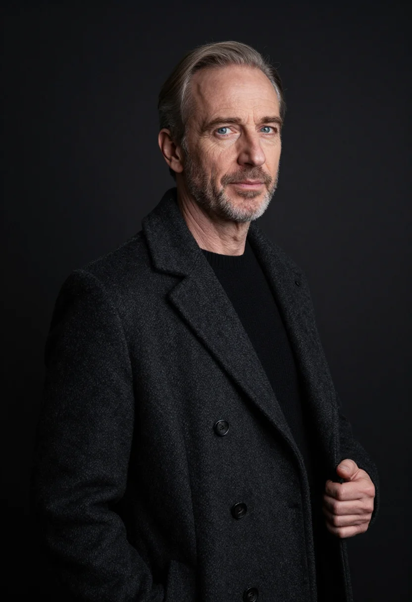 AI black overcoat headshot sample — portrait of a man, chest-up portrait of a Western-European m