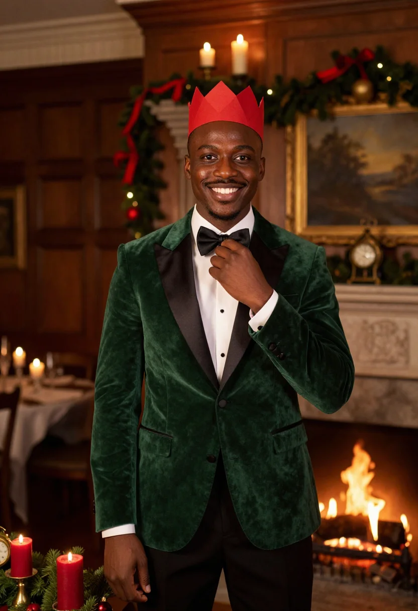 AI black tie christmas dinner sample — editorial portrait photograph, a Black British man in his ea