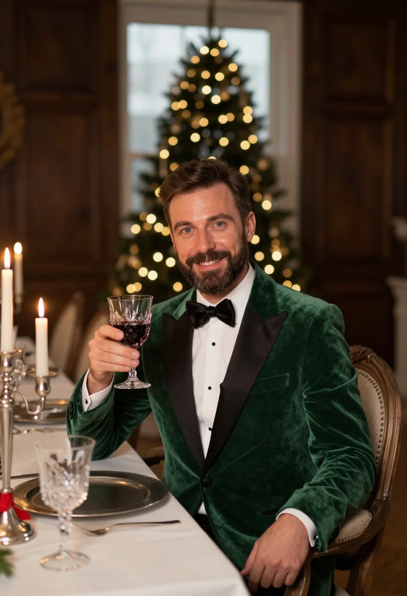 AI black tie christmas dinner sample — editorial portrait photograph, a Western-European man in his