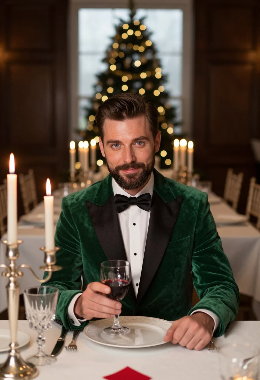 AI black tie christmas dinner sample — editorial portrait photograph, a Western-European man in his