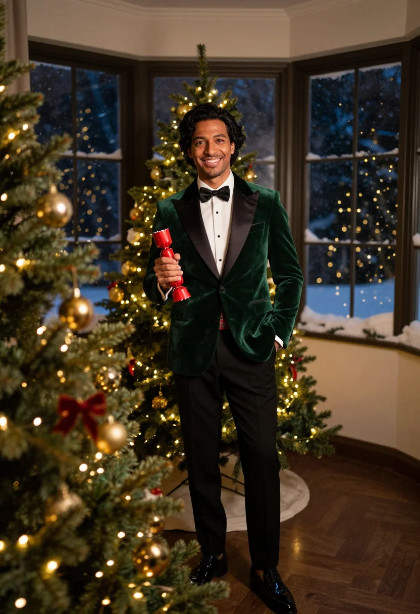 AI black tie christmas dinner sample — editorial portrait photograph, a Southern-European man in hi