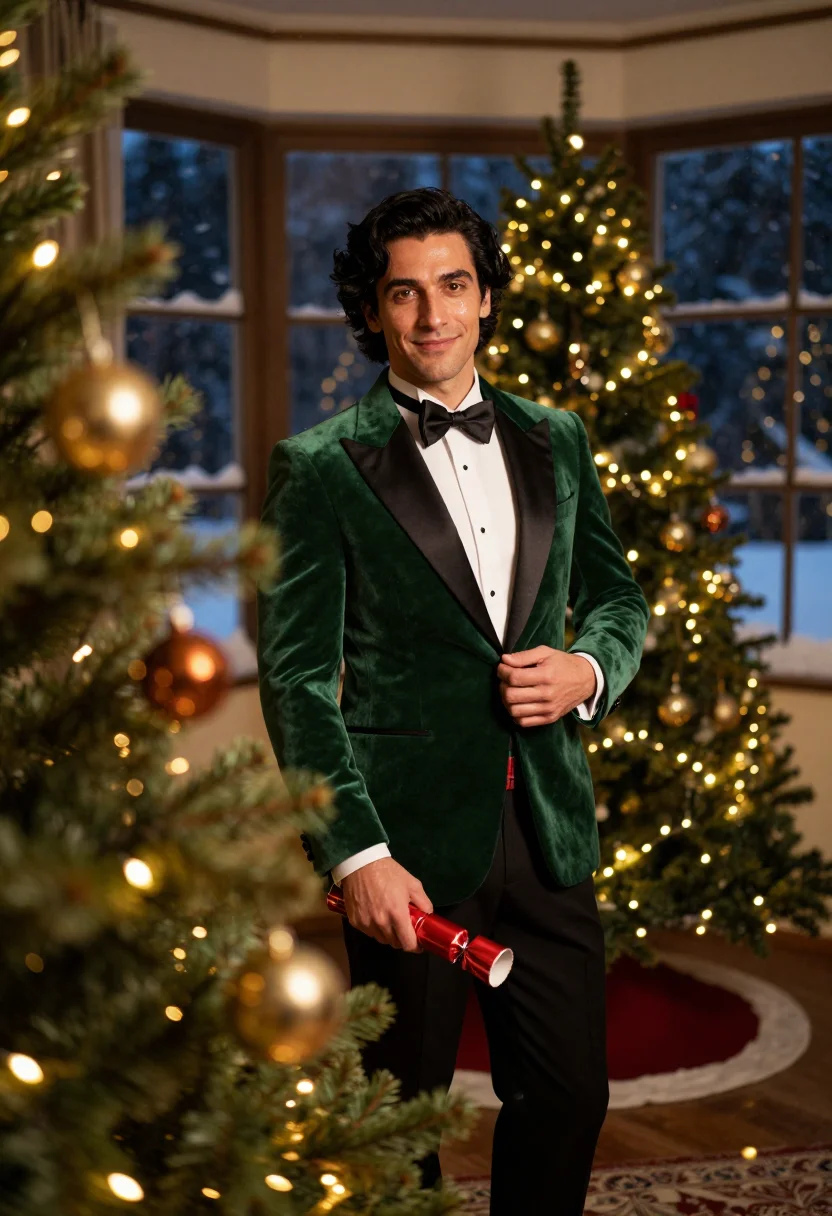 AI black tie christmas dinner sample — editorial portrait photograph, a Southern-European man in hi