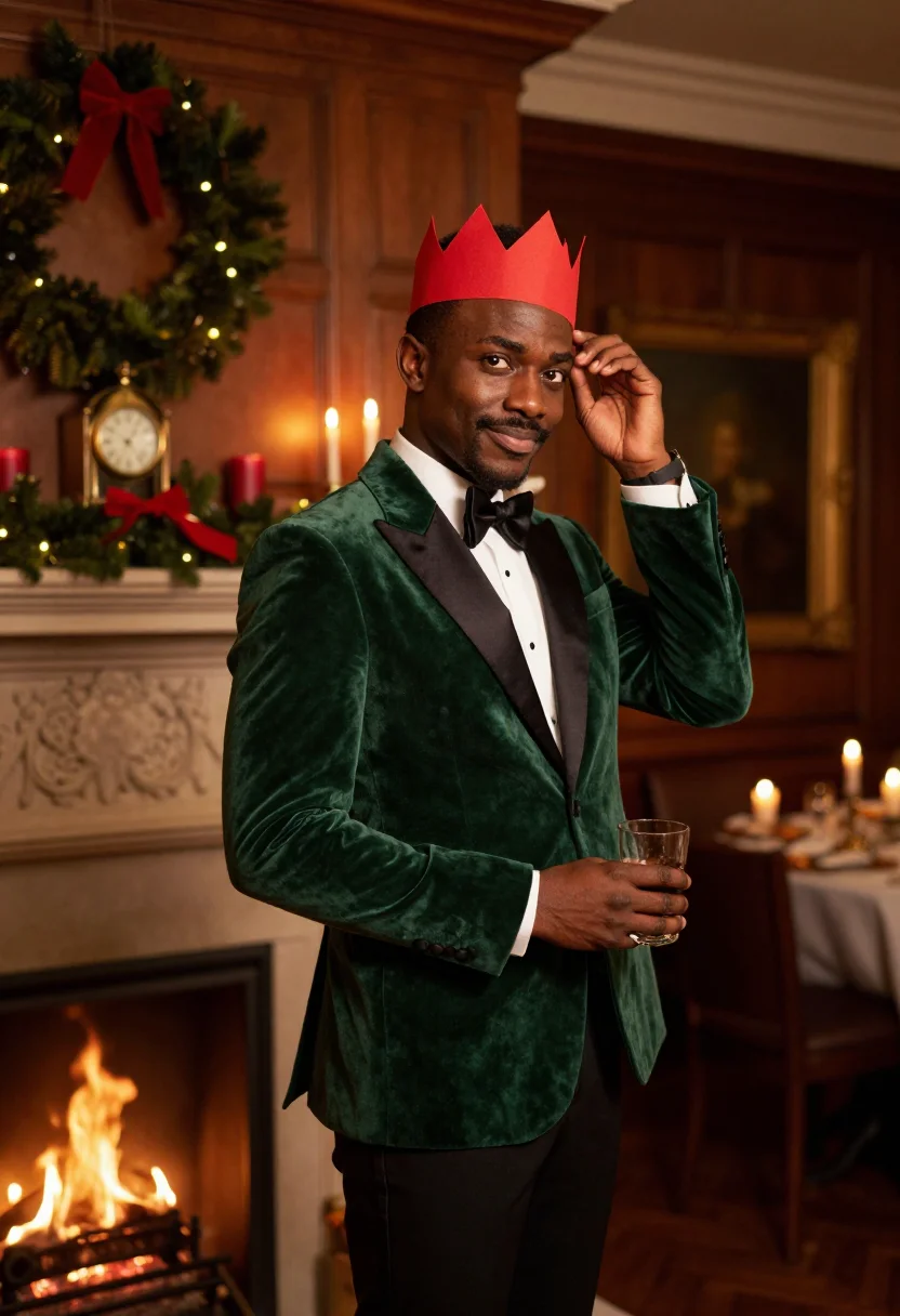AI black tie christmas dinner sample — editorial portrait photograph, a Black British man in his ea