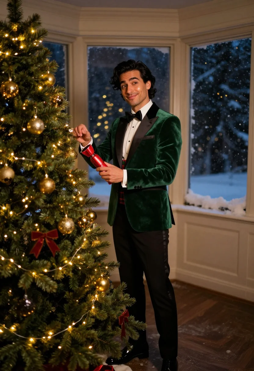 AI black tie christmas dinner sample — editorial portrait photograph, a Southern-European man in hi