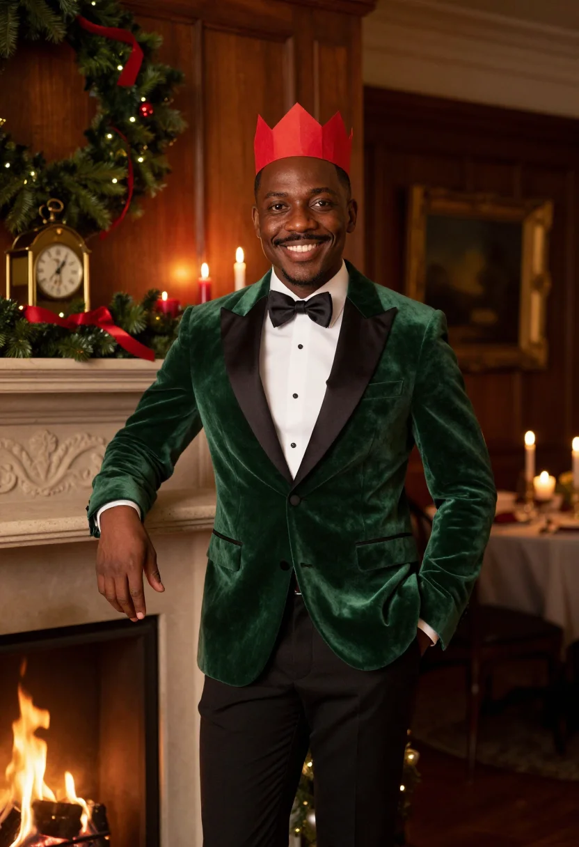 AI black tie christmas dinner sample — editorial portrait photograph, a Black British man in his ea