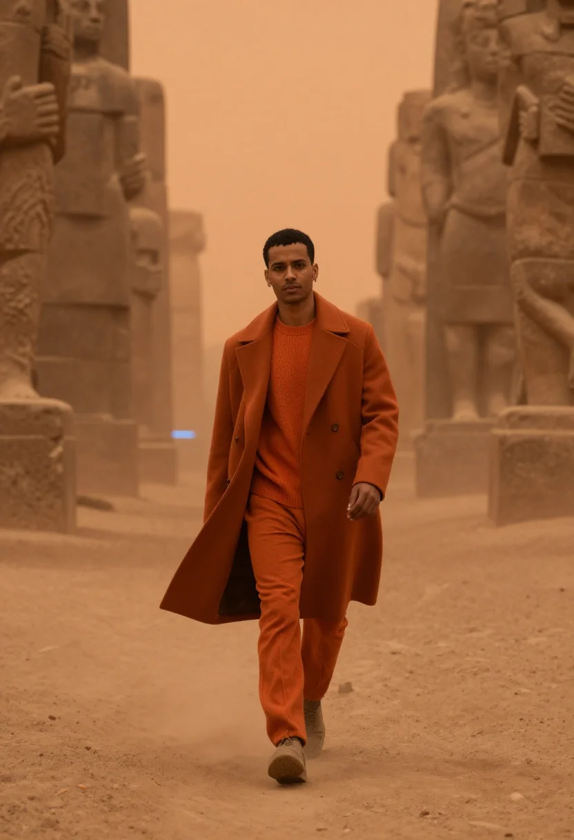 AI blade runner orange sample — portrait of a man, a man in his early thirties with warm bro