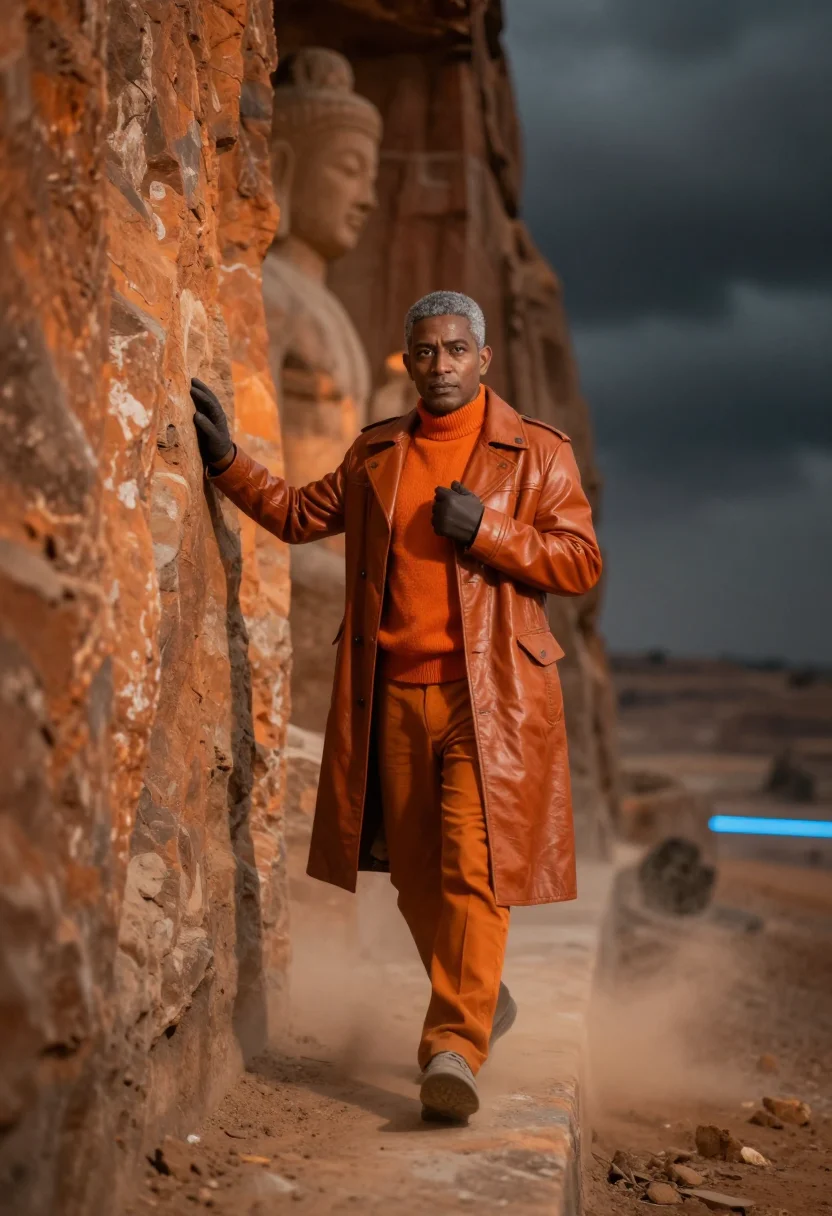 AI blade runner orange sample — portrait of a man, a man in his fifties with olive skin, dar