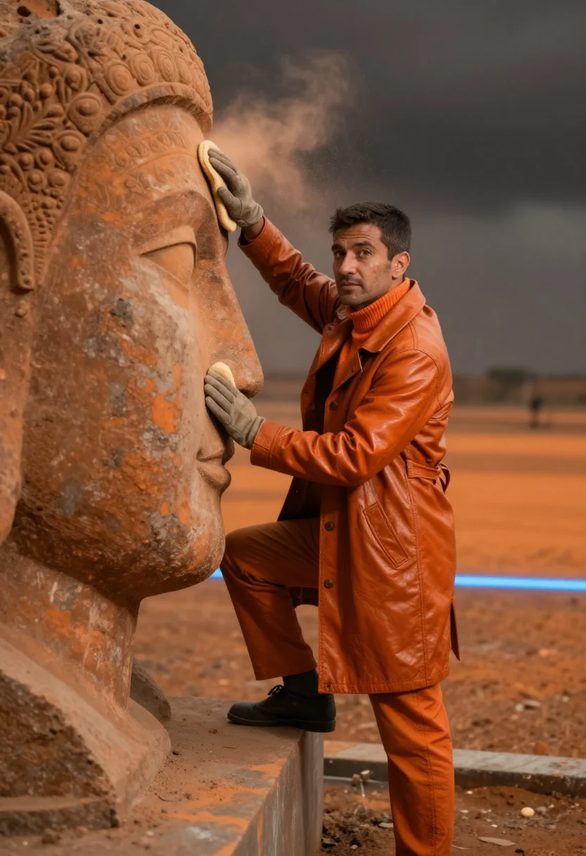 AI blade runner orange sample — portrait of a man, a man in his forties with weathered tan s