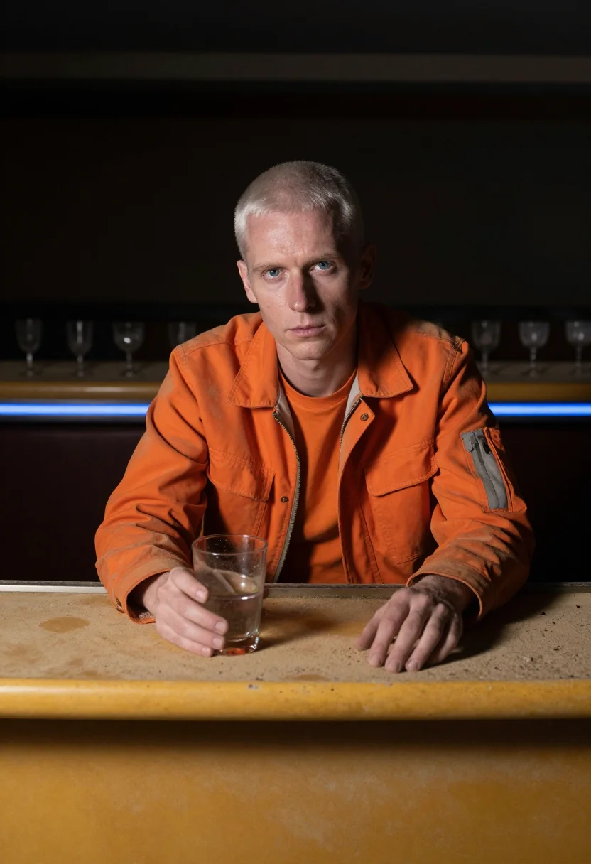 AI blade runner orange sample — portrait of a man, a man in his late forties with pale skin,