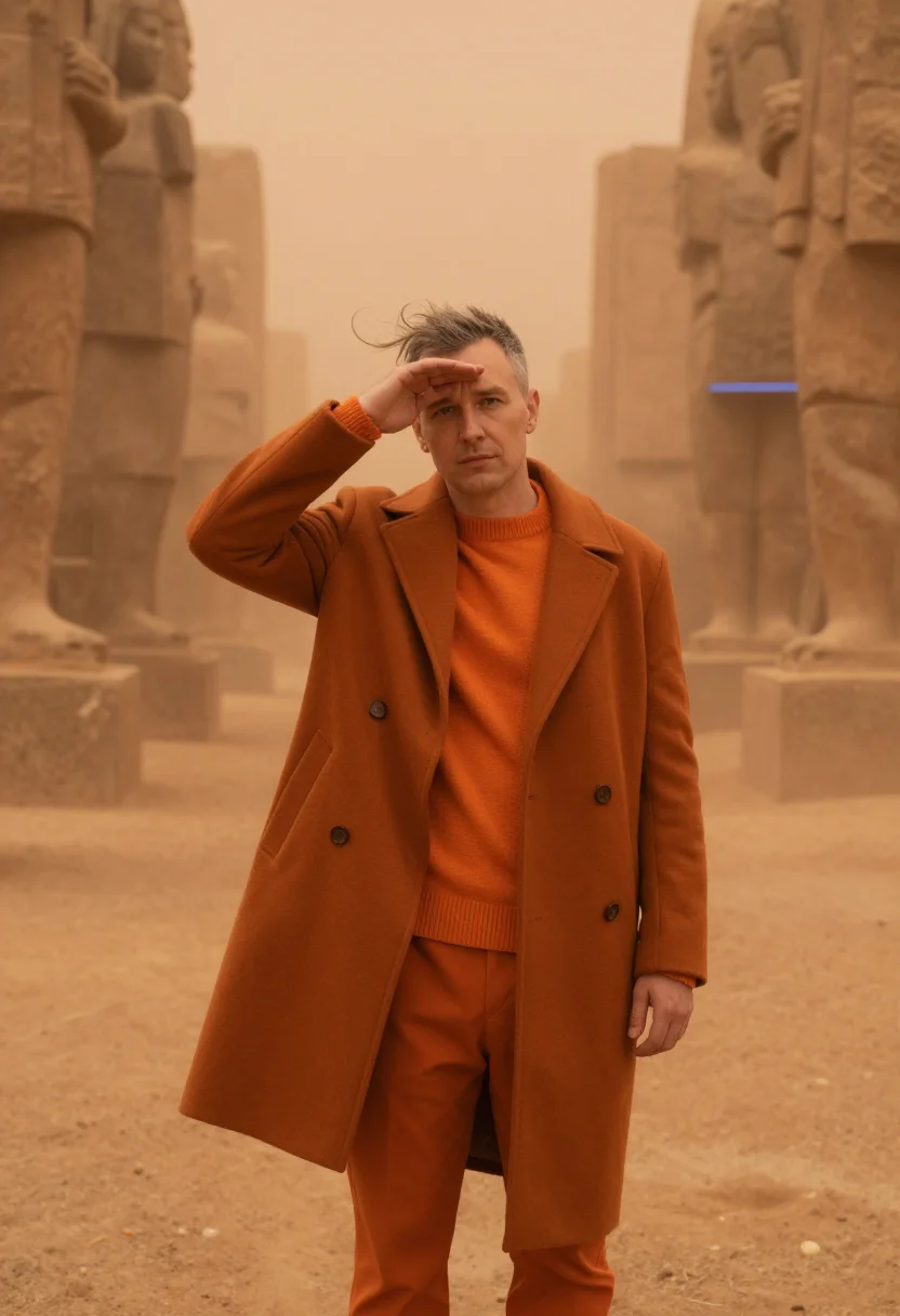 AI blade runner orange sample — portrait of a man, a man in his forties with fair skin, grey