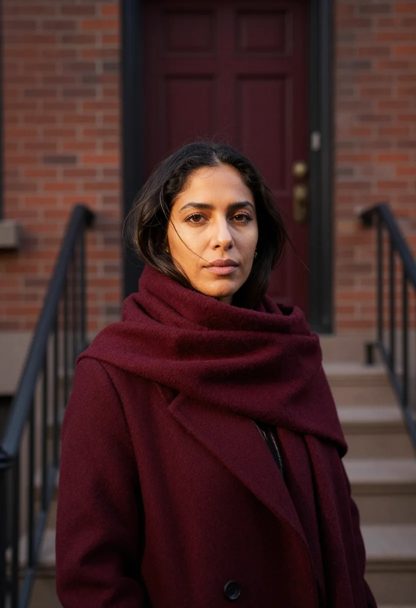 AI blanket scarf burgundy sample — portrait of a woman, head-and-shoulders portrait of a Brazil