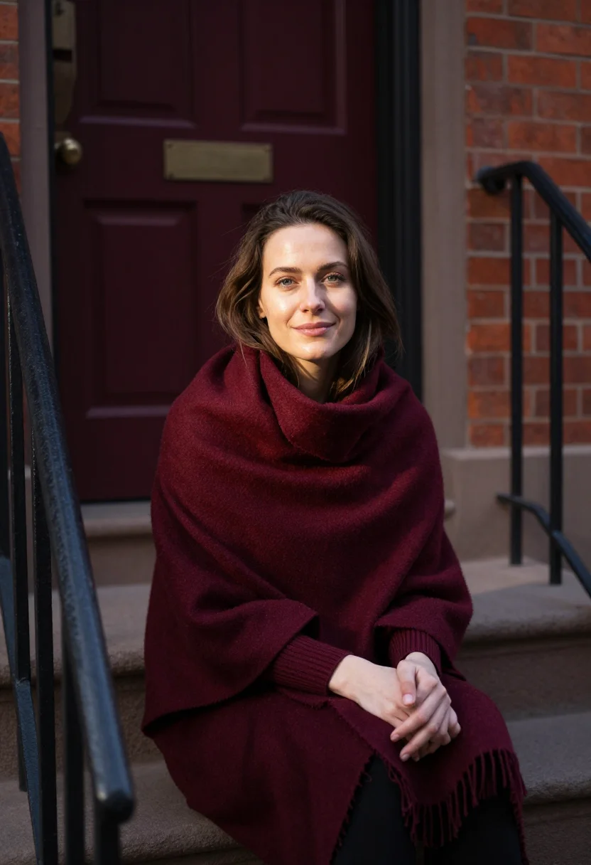 AI blanket scarf burgundy sample — portrait of a woman, half-length seated portrait of a Polish