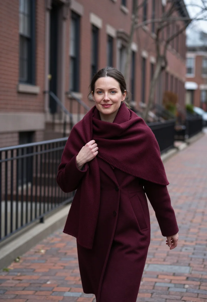AI blanket scarf burgundy sample — portrait of a woman, half-length portrait of a Canadian woma