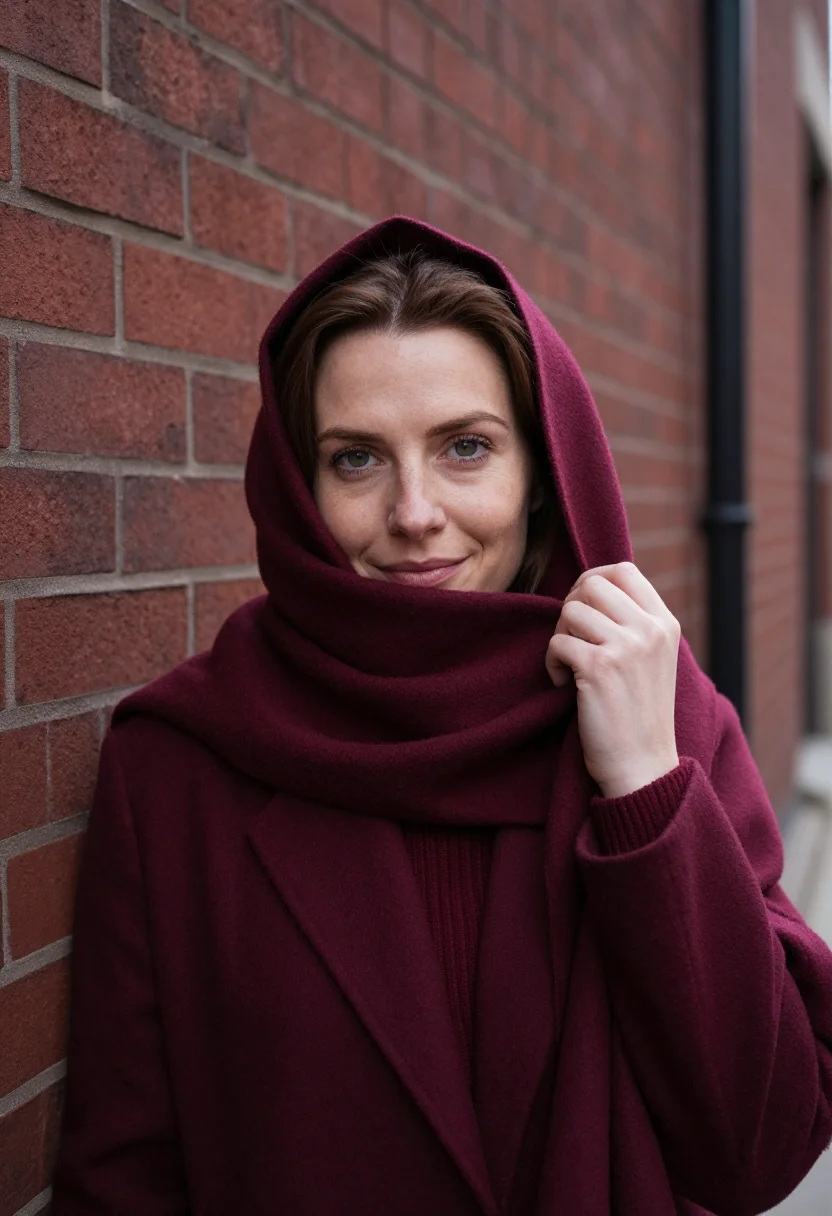 AI blanket scarf burgundy sample — portrait of a woman, head-and-shoulders portrait of an Irish
