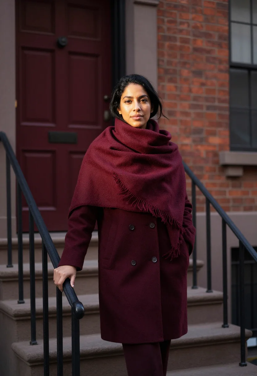 AI blanket scarf burgundy sample — portrait of a woman, three-quarter-length portrait of a Gree