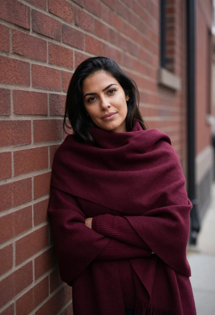 AI blanket scarf burgundy sample — portrait of a woman, half-length portrait of an Italian-Amer