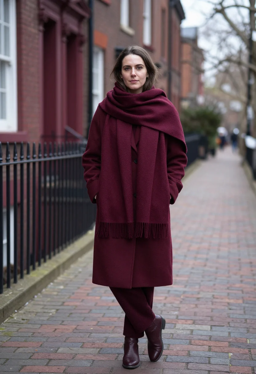 AI blanket scarf burgundy sample — portrait of a woman, full-length portrait of an English woma