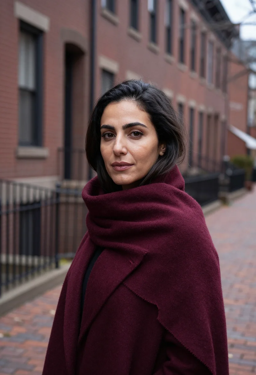 AI blanket scarf burgundy sample — portrait of a woman, head-and-shoulders portrait of a Lebane