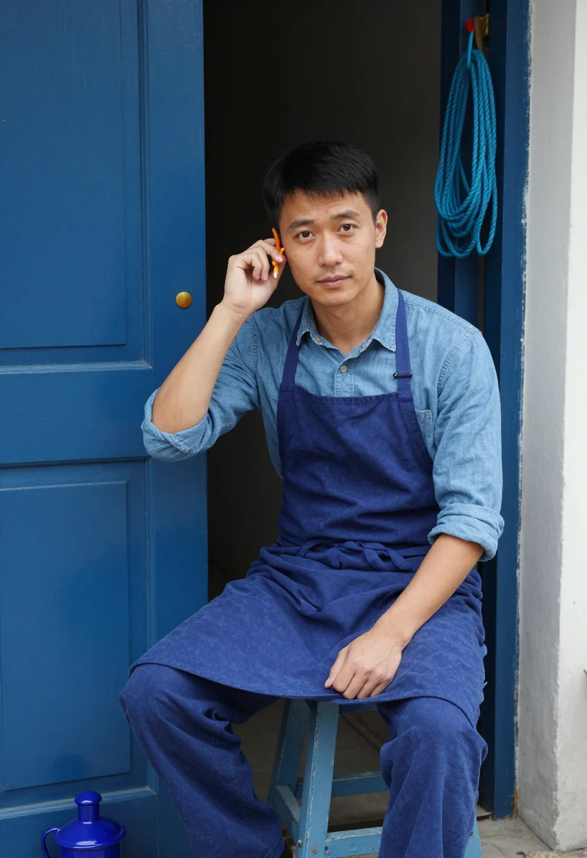AI bleu de travail sample — portrait of a man, half-length portrait of an East-Asian man