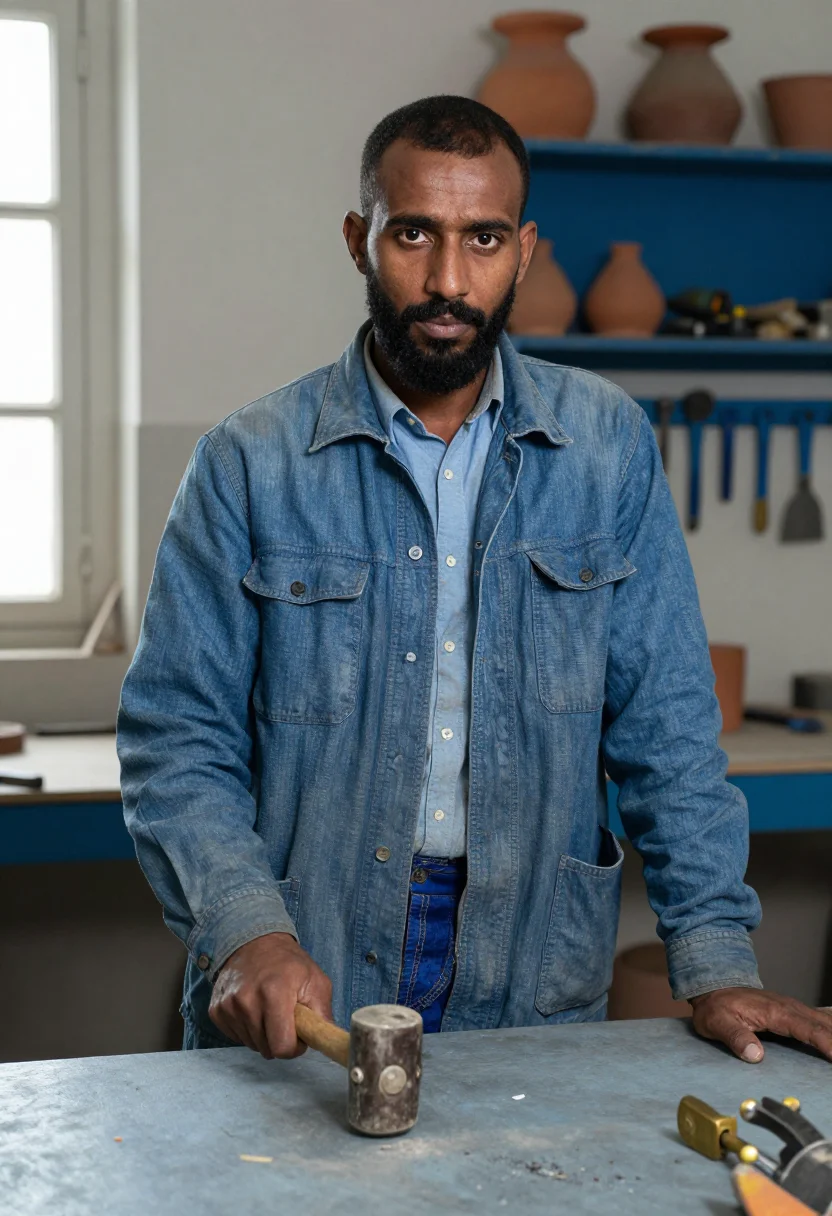 AI bleu de travail sample — portrait of a man, half-length portrait of a North-African m