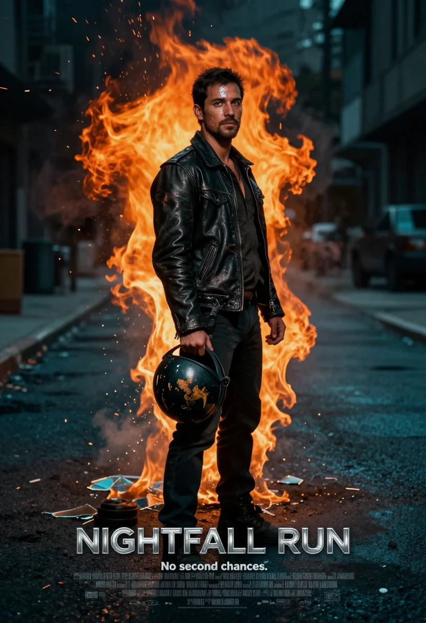 AI blockbuster one sheet sample — a painted action one-sheet, a man in his thirties with warm