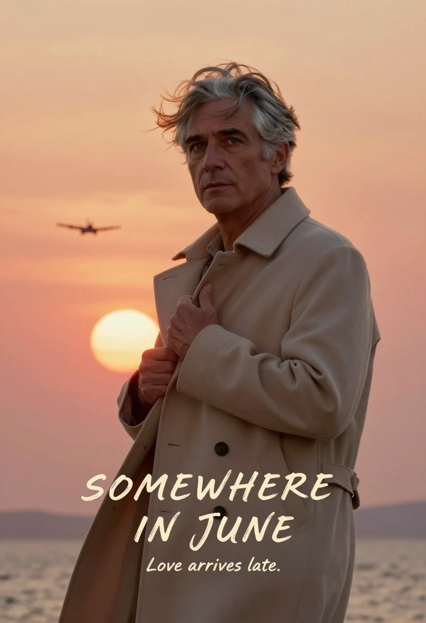 AI blockbuster one sheet sample — a painted romance one-sheet, a man in his fifties with olive