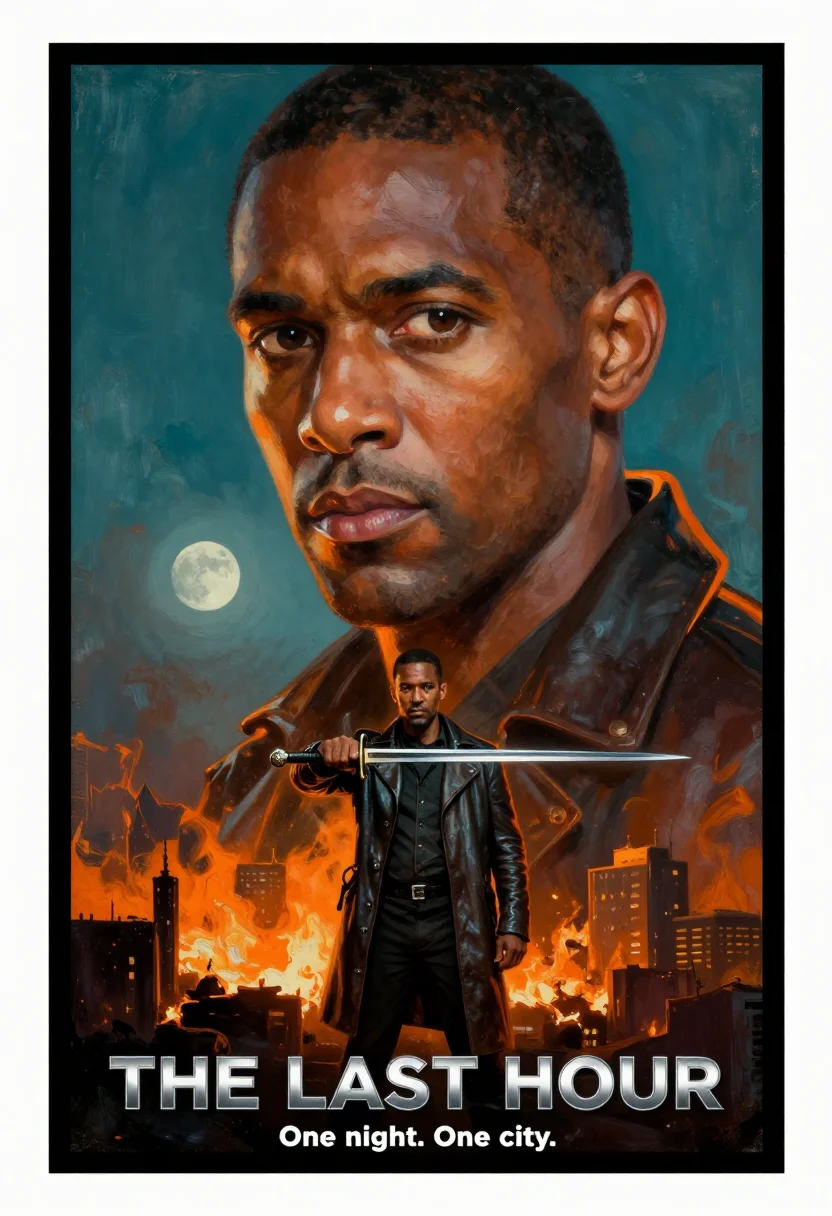 AI blockbuster one sheet sample — a painted movie one-sheet built as a vertical collage, the f