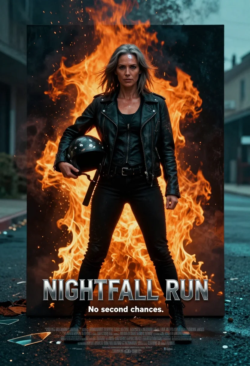 AI blockbuster one sheet sample — a painted action one-sheet, a woman in her forties with hone