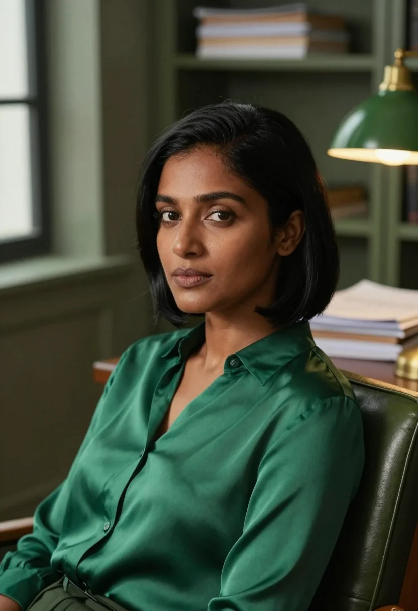 AI bloomsbury editor bottle green sample — portrait of a woman, chest-up portrait of a South-Asian Brit