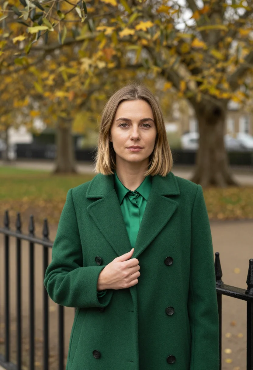 AI bloomsbury editor bottle green sample — portrait of a woman, half-length portrait cropped at the low