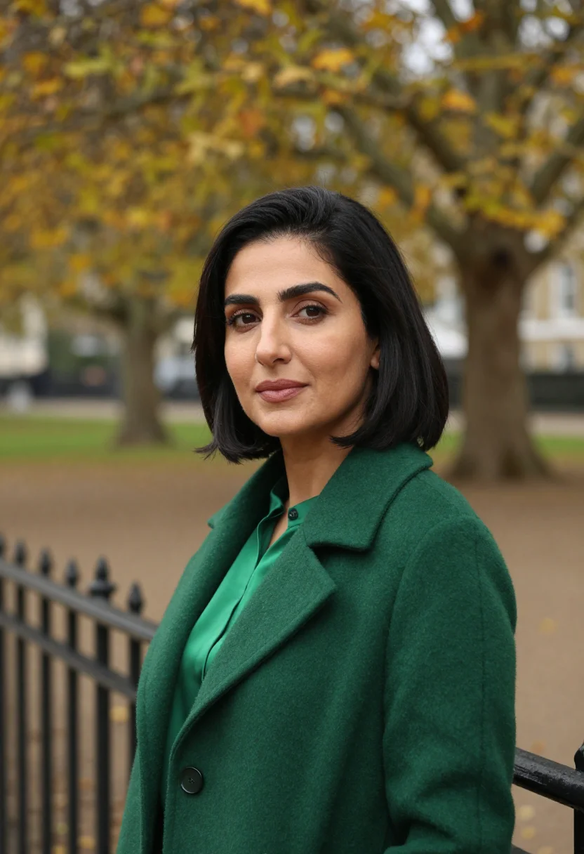 AI bloomsbury editor bottle green sample — portrait of a woman, tight headshot of a Middle-Eastern woma