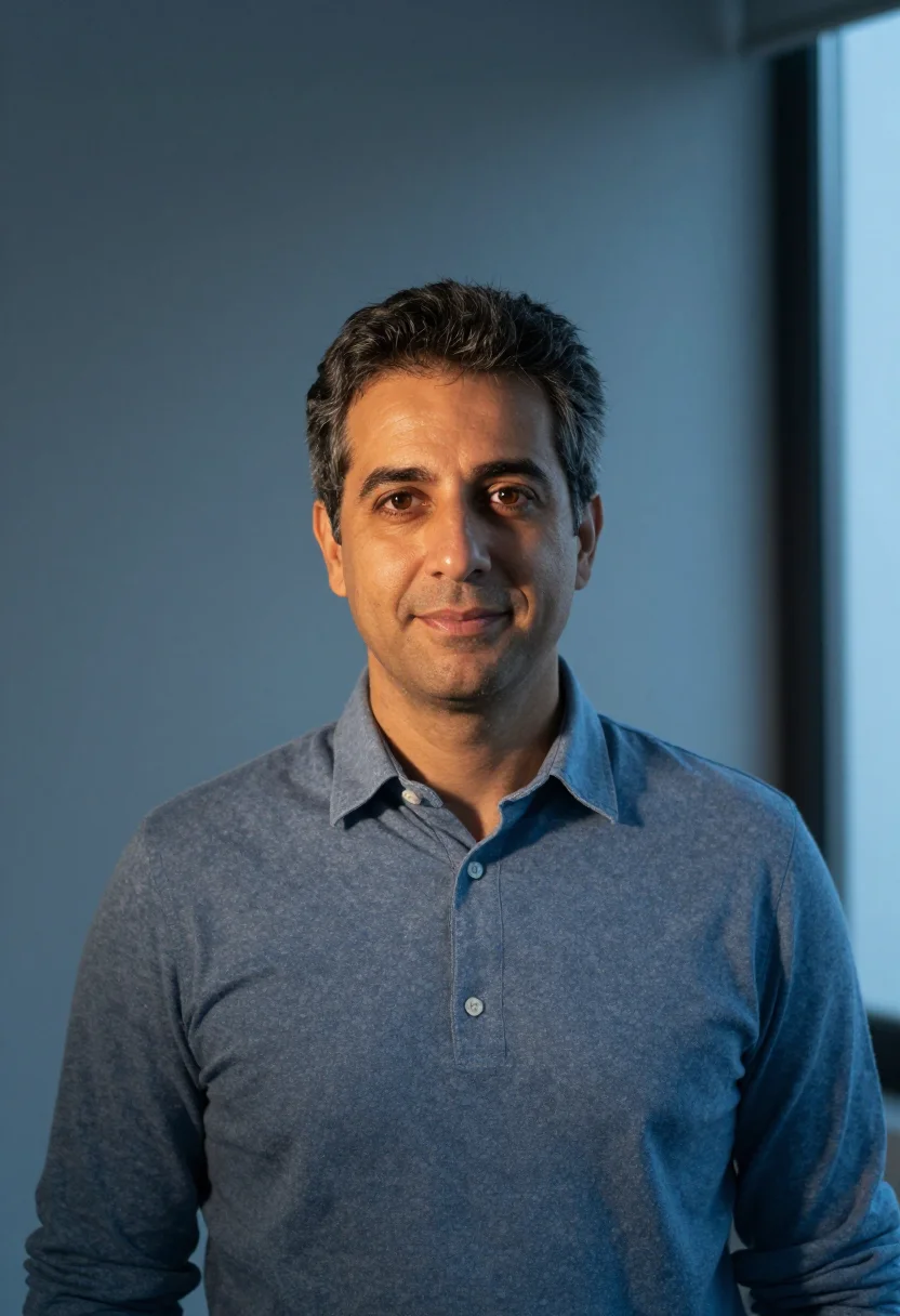AI blue hour window headshot sample — portrait of a man, chest-up portrait of a Mediterranean man
