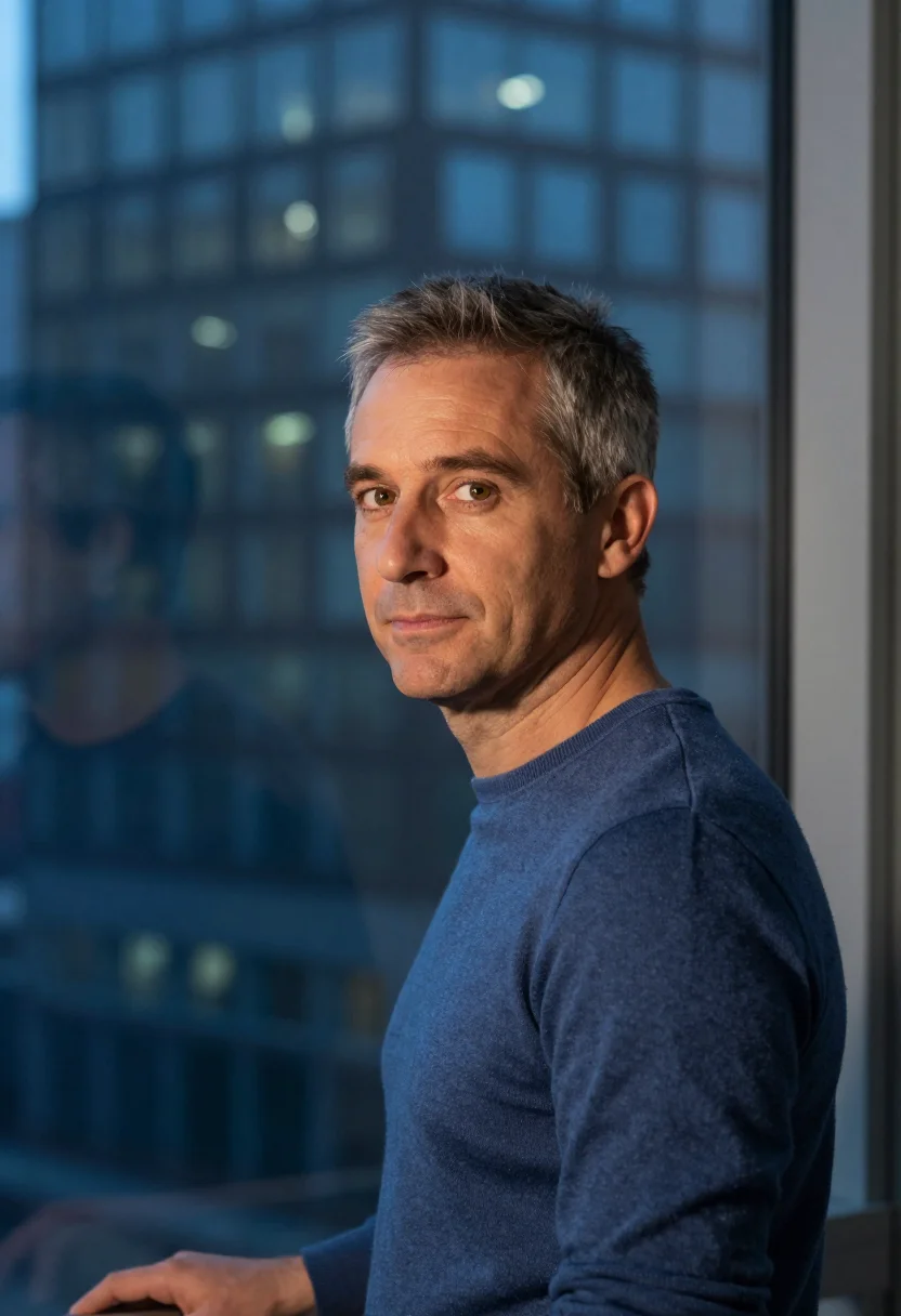 AI blue hour window headshot sample — portrait of a man, chest-up portrait of a Western-European m