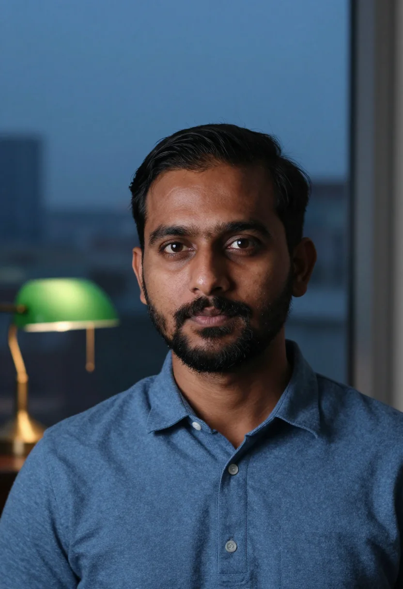 AI blue hour window headshot sample — portrait of a man, head-and-shoulders portrait of a South-As