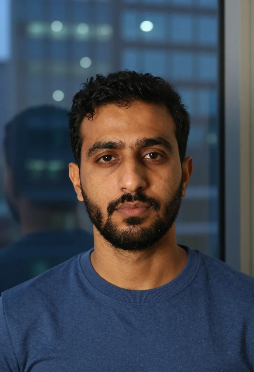 AI blue hour window headshot sample — portrait of a man, close headshot of a Middle-Eastern man in