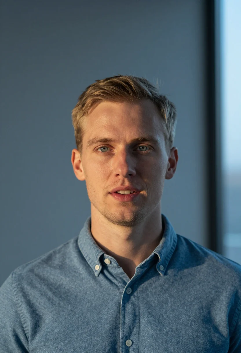 AI blue hour window headshot sample — portrait of a man, close headshot of a Nordic man in his lat