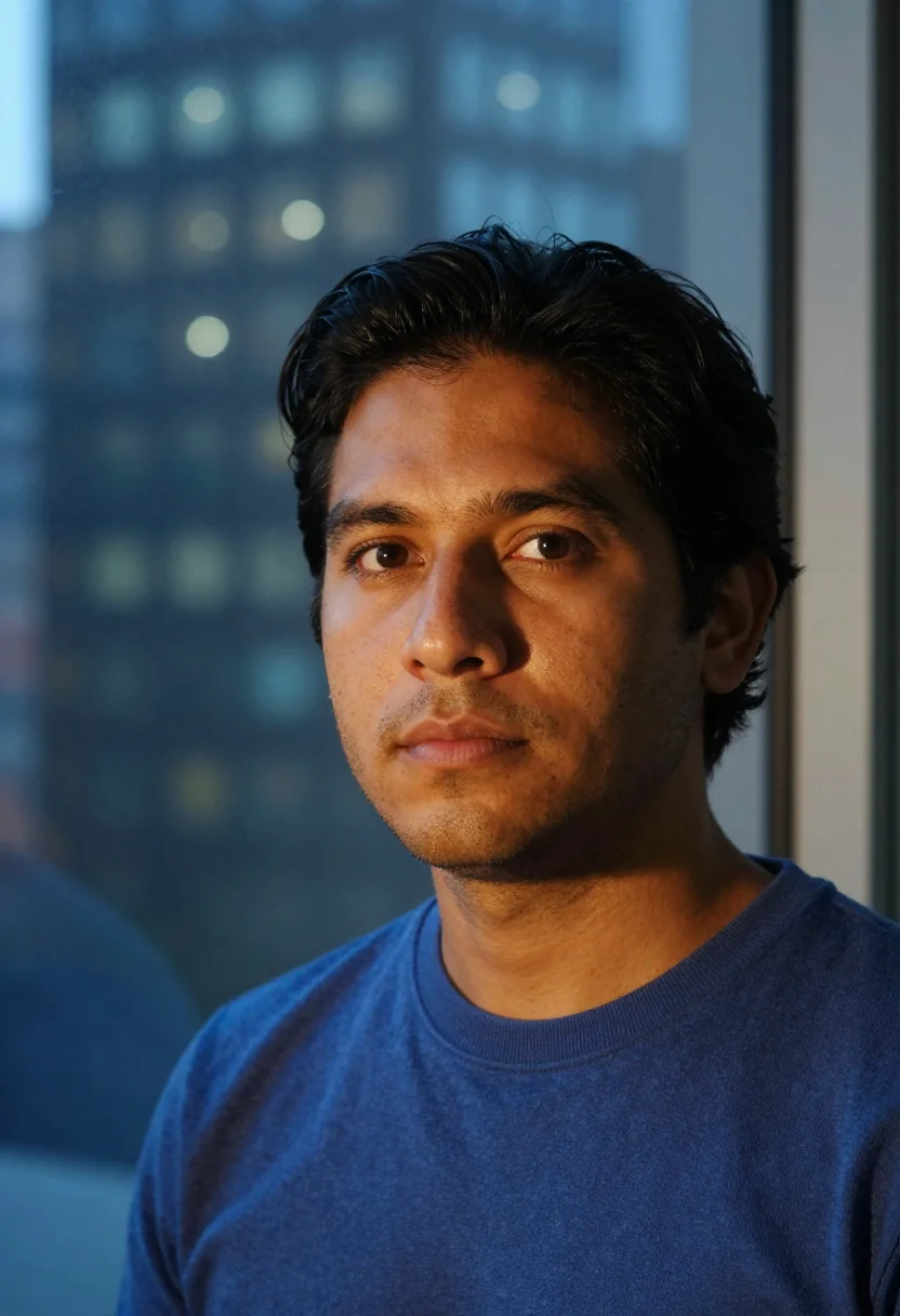 AI blue hour window headshot sample — portrait of a man, head-and-shoulders portrait of a Latin-Am