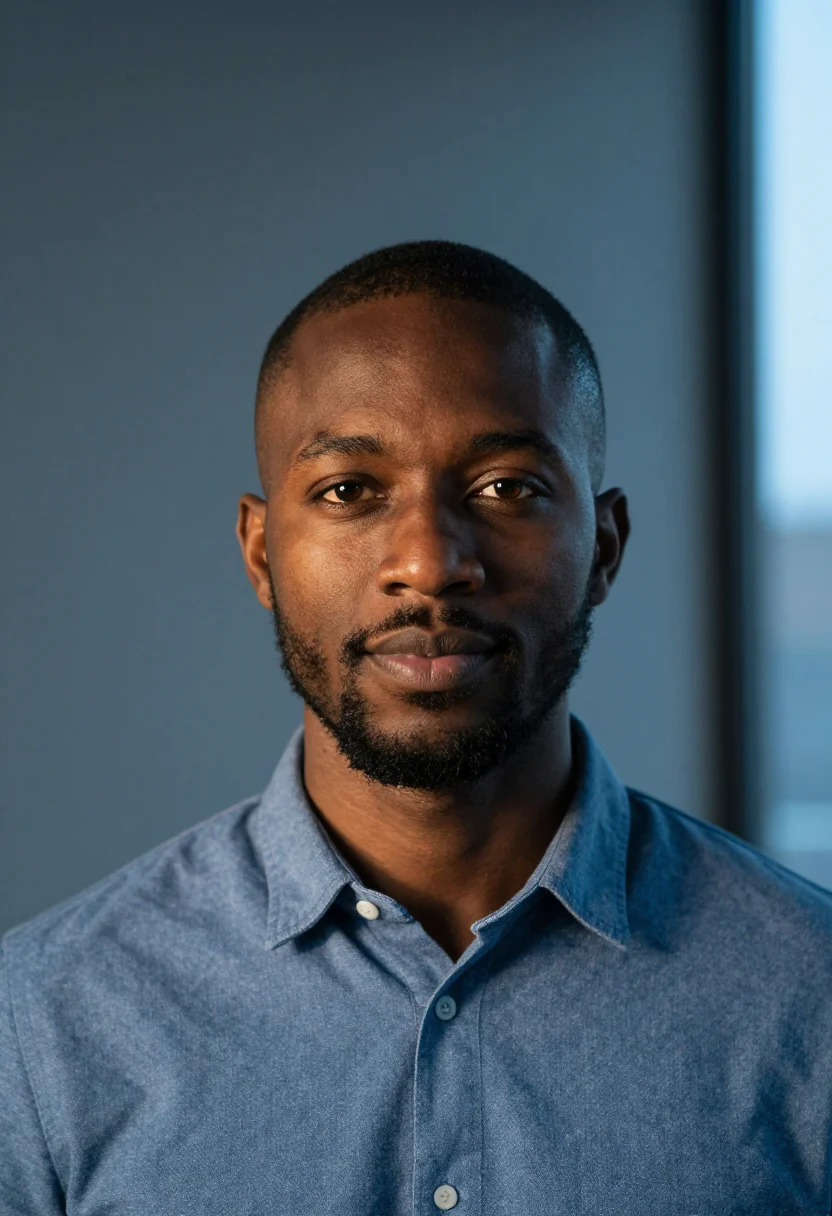 AI blue hour window headshot sample — portrait of a man, head-and-shoulders portrait of a Black ma