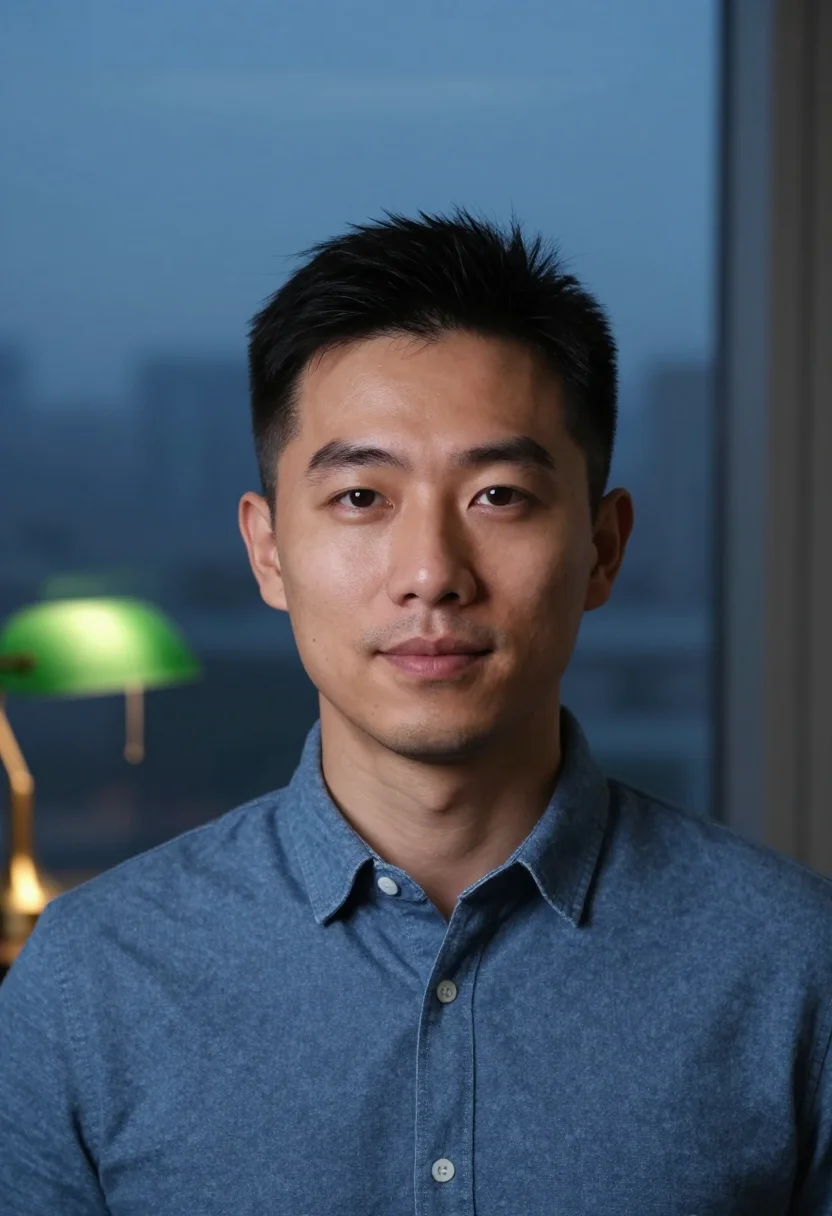 AI blue hour window headshot sample — portrait of a man, close headshot of an East-Asian man in hi