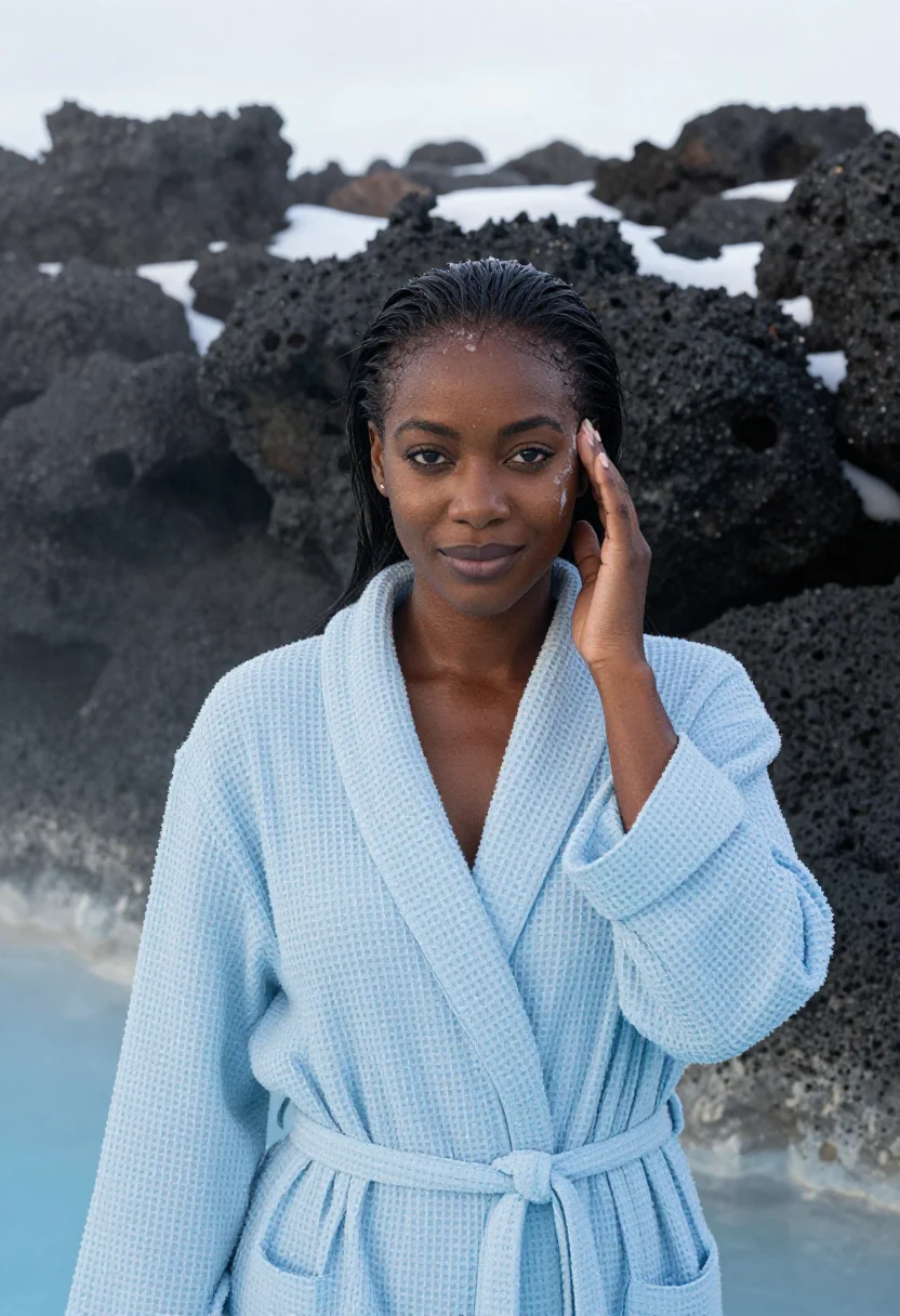 AI blue lagoon silica milk blue sample — portrait of a woman, framed chest-up to the ribs, the body c