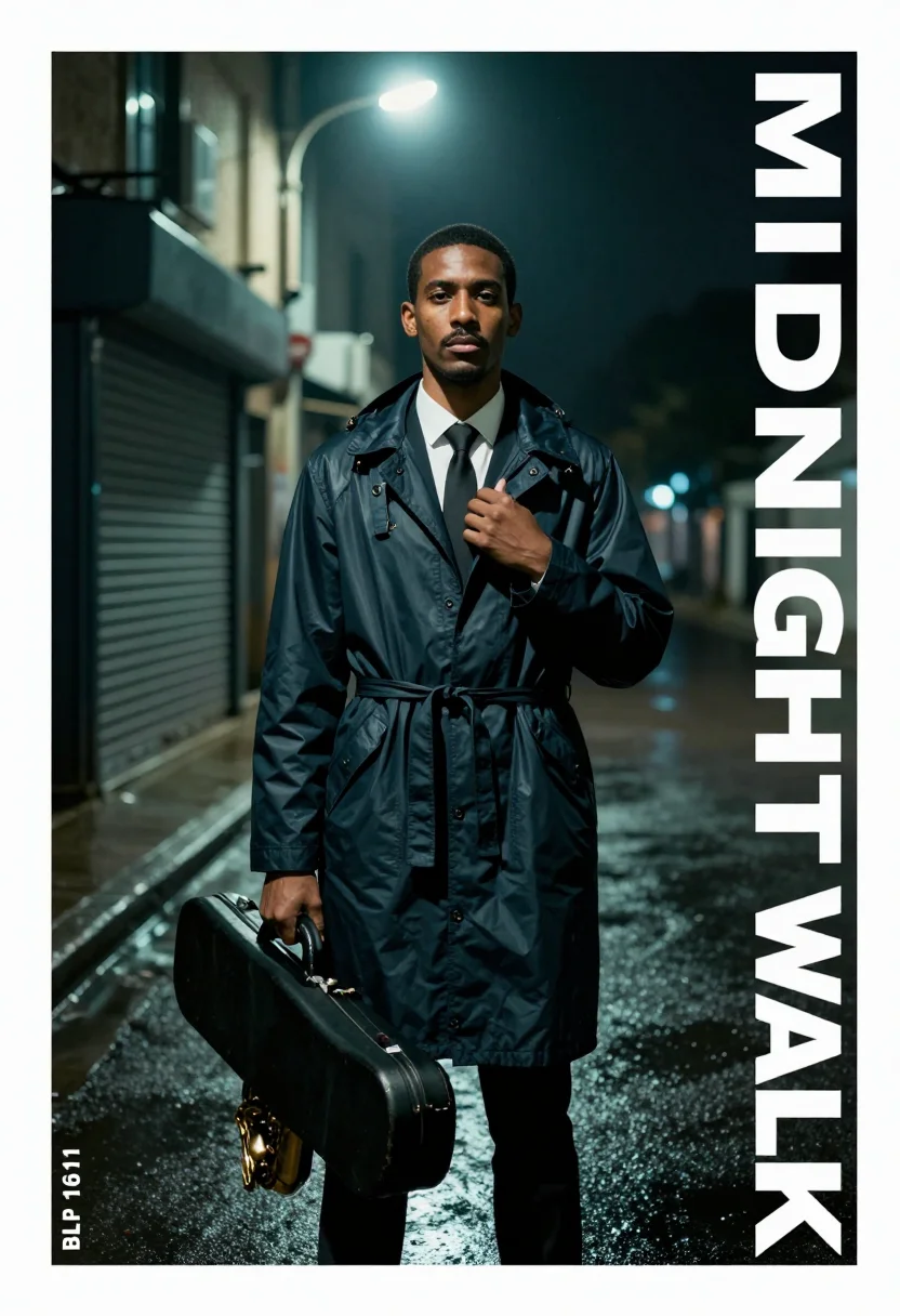 AI blue note album cover sample — portrait of a man, three-quarter-length portrait of a man in