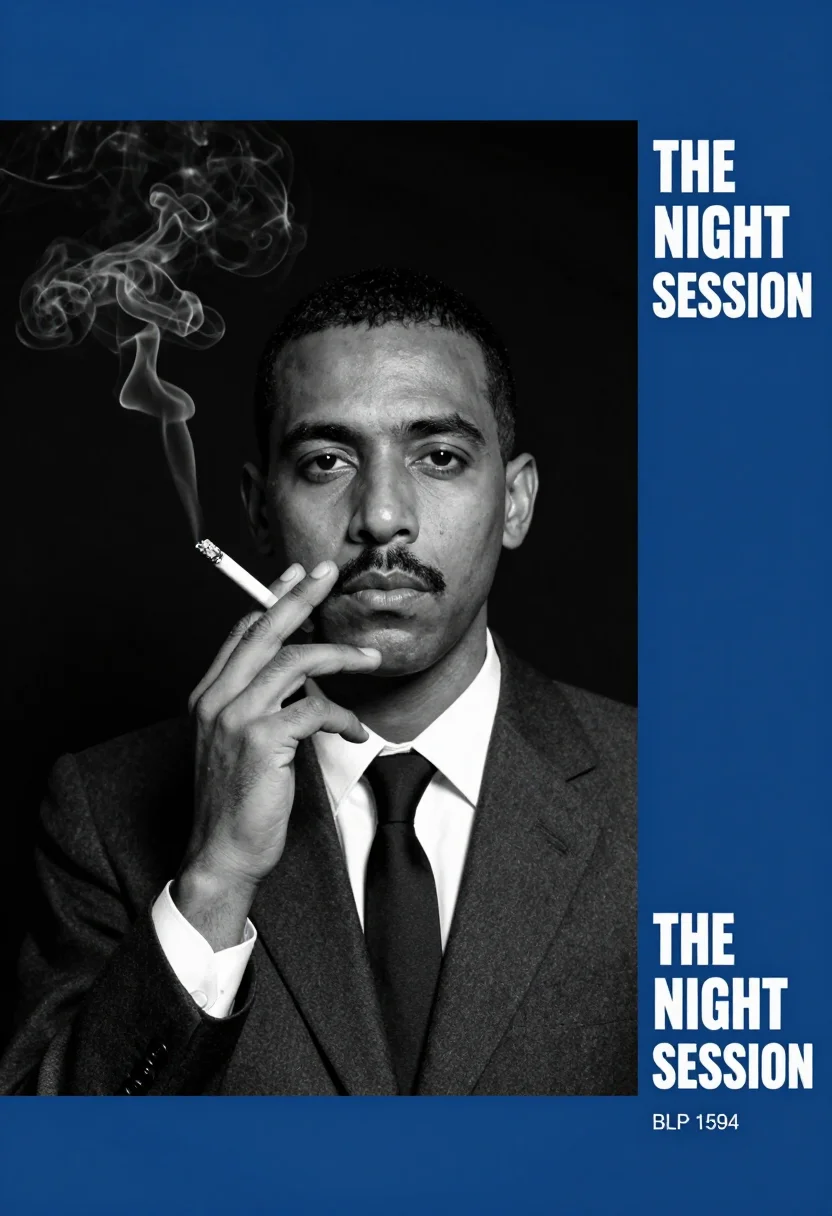 AI blue note album cover sample — portrait of a man, head-and-shoulders portrait of a man in h