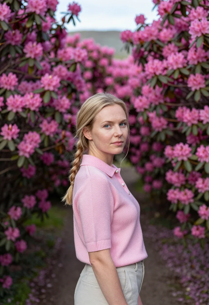 AI blue ridge parkway may rhododendron pink sample — portrait of a woman, a traveller in her mid-twenties, of Swe