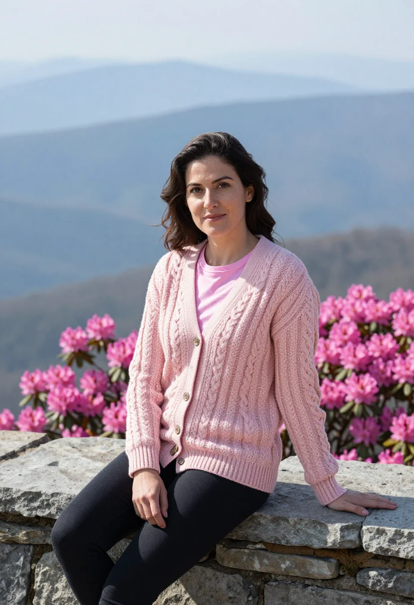 AI blue ridge parkway may rhododendron pink sample — portrait of a woman, a traveller in her early thirties, of I