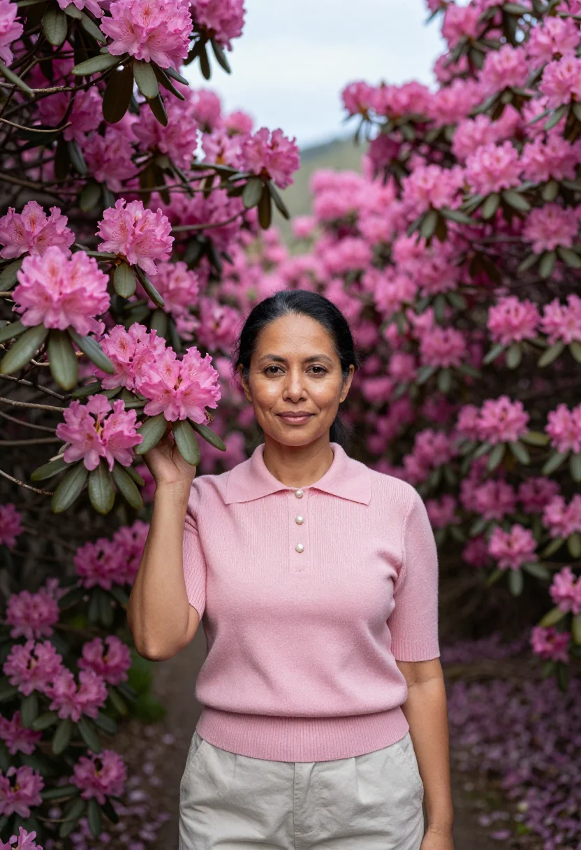 AI blue ridge parkway may rhododendron pink sample — portrait of a woman, a traveller in her early forties, of Ch