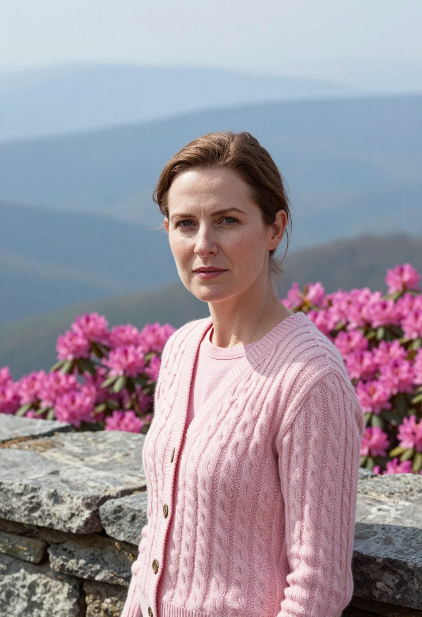 AI blue ridge parkway may rhododendron pink sample — portrait of a woman, a traveller in her late thirties, of En