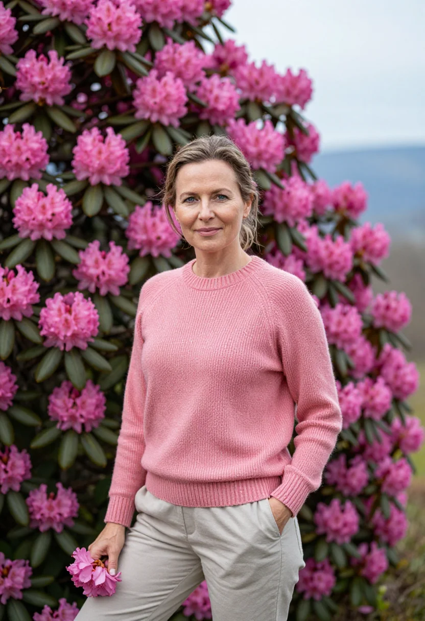 AI blue ridge parkway may rhododendron pink sample — portrait of a woman, a traveller in her mid-forties, of Germ