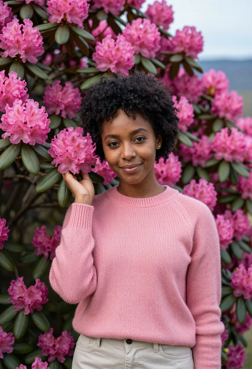 AI blue ridge parkway may rhododendron pink sample — portrait of a woman, a traveller in her late twenties, of Af